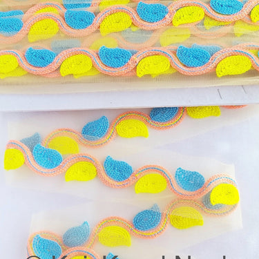 Beige Net With Yellow, Blue And Orange Embroidery, Leaves Pattern Trim